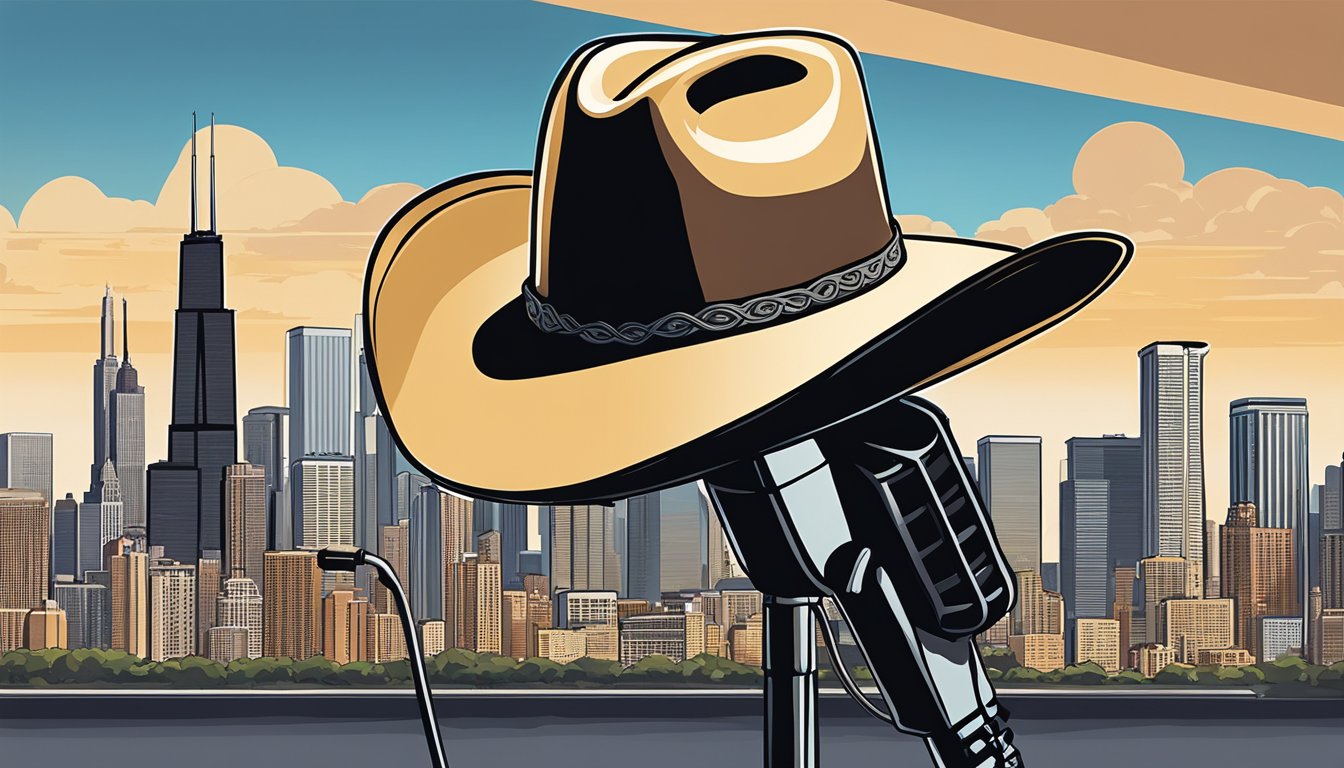 A cowboy hat resting on a microphone stand in front of the Chicago skyline, with a guitar leaning against it