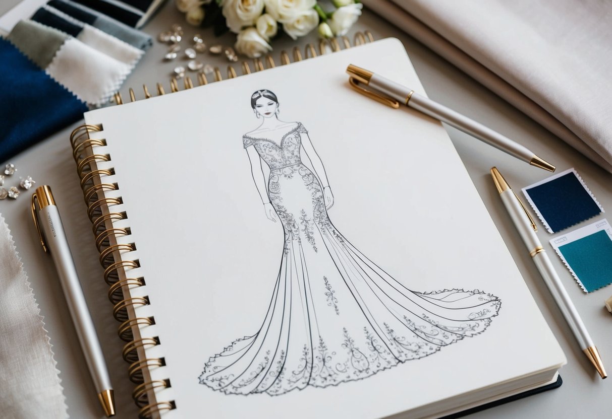 A designer's sketchbook with a detailed drawing of Meghan Markle's wedding dress, surrounded by fabric swatches and embellishments