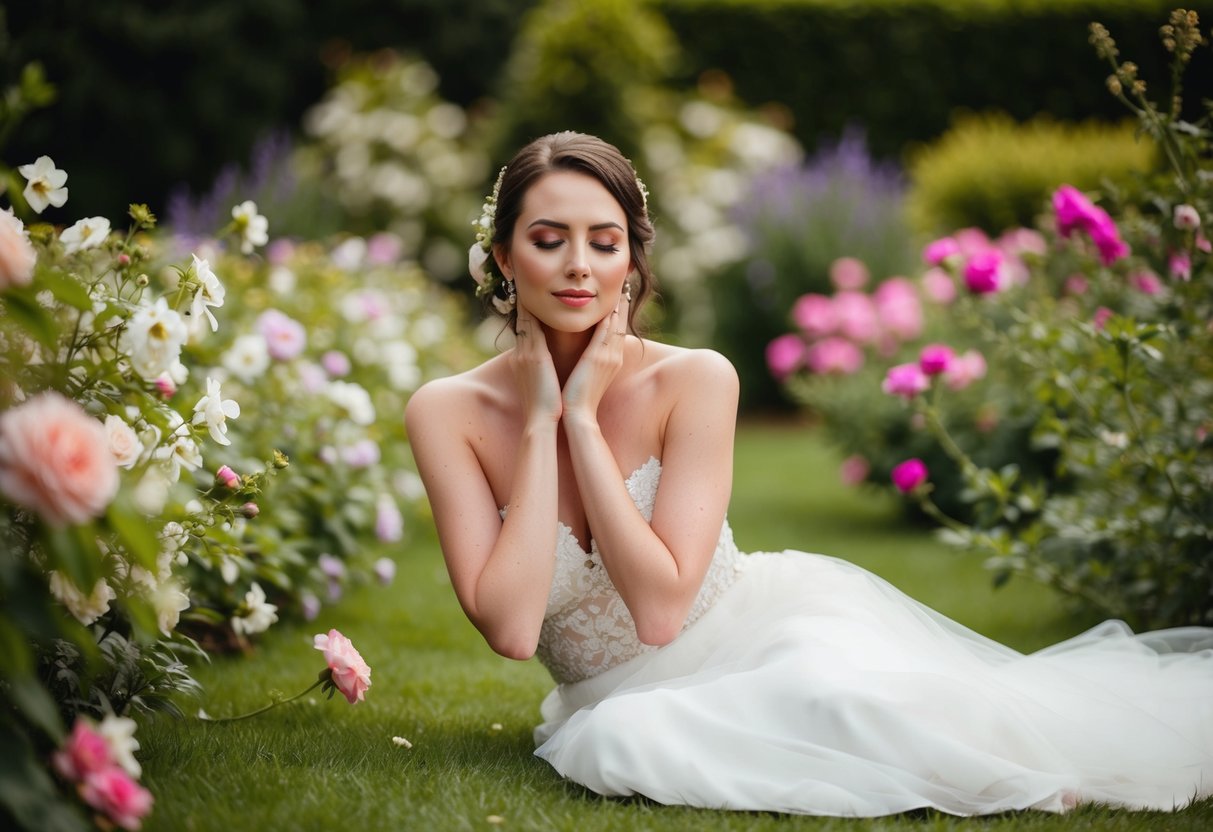 A bride sitting peacefully in a garden, surrounded by blooming flowers and natural beauty, embracing her bare face on her wedding day