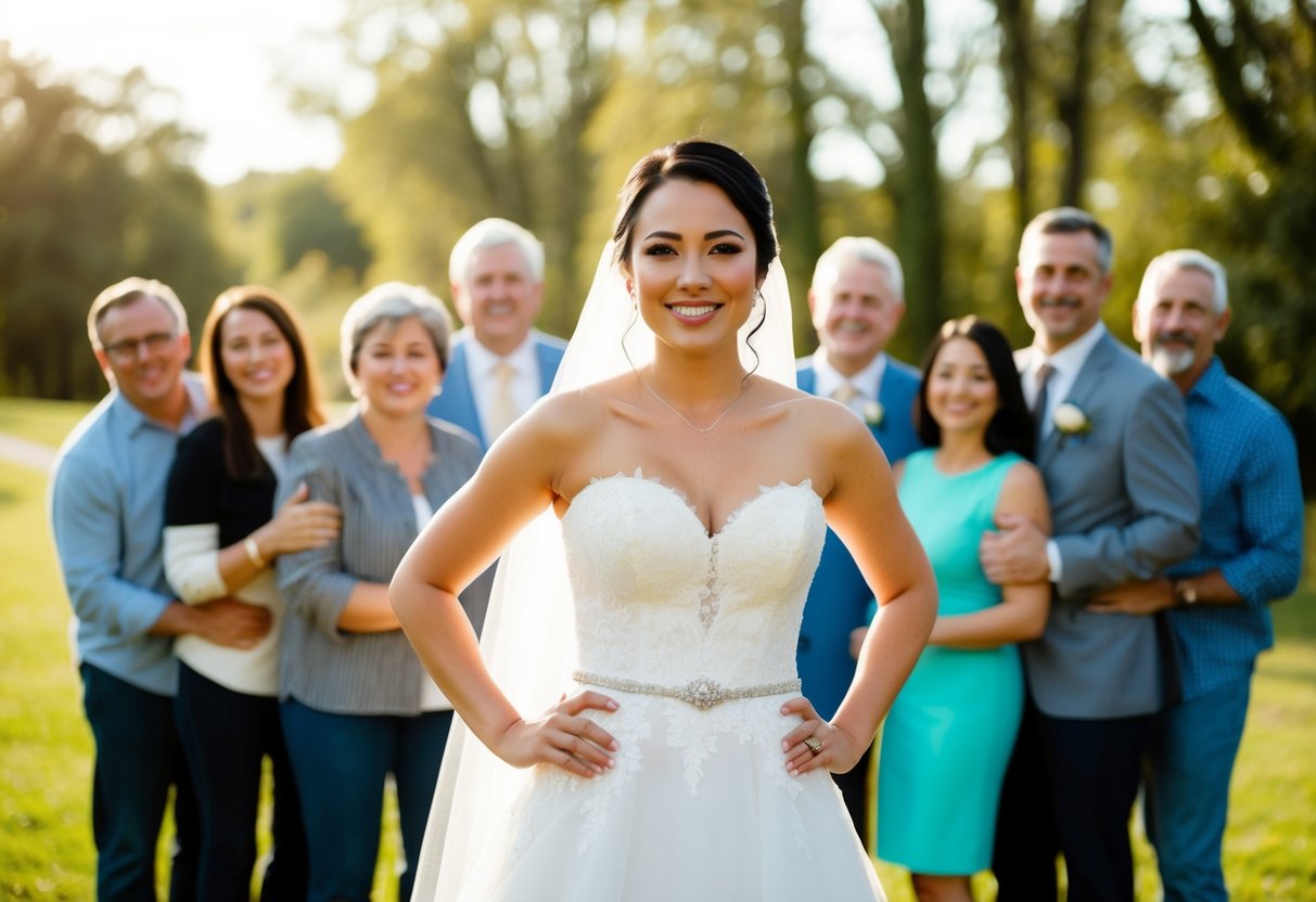 A bride standing confidently, natural beauty shining through, surrounded by supportive friends and family