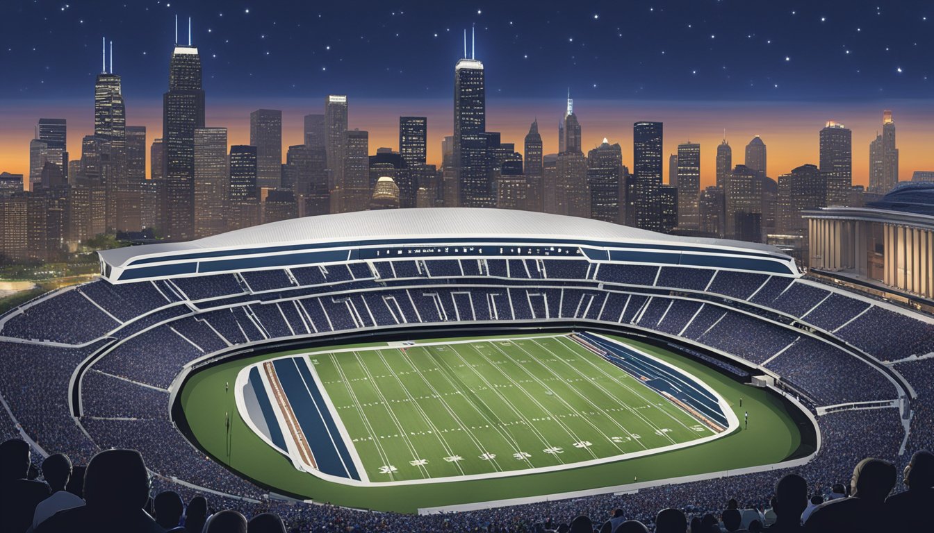 Soldier Field at night, lights shining, George Strait performing on stage, Chicago skyline in the background