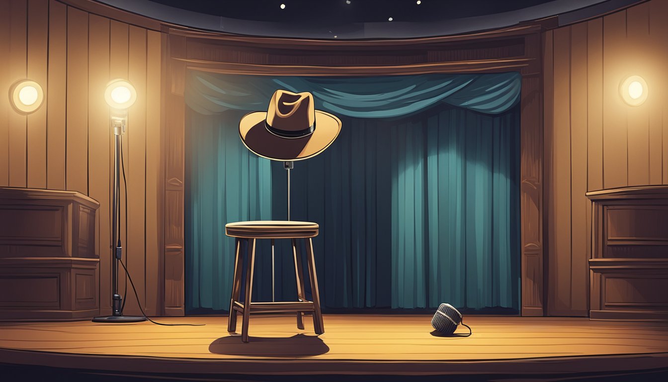 A lone microphone stands on a stage, bathed in a spotlight, while a cowboy hat rests on a stool nearby