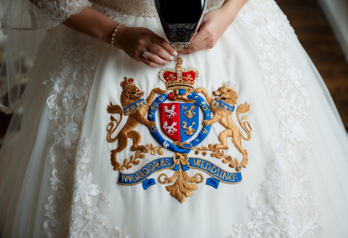 A royal crest being embroidered onto a luxurious wedding dress, surrounded by intricate lace and delicate beading