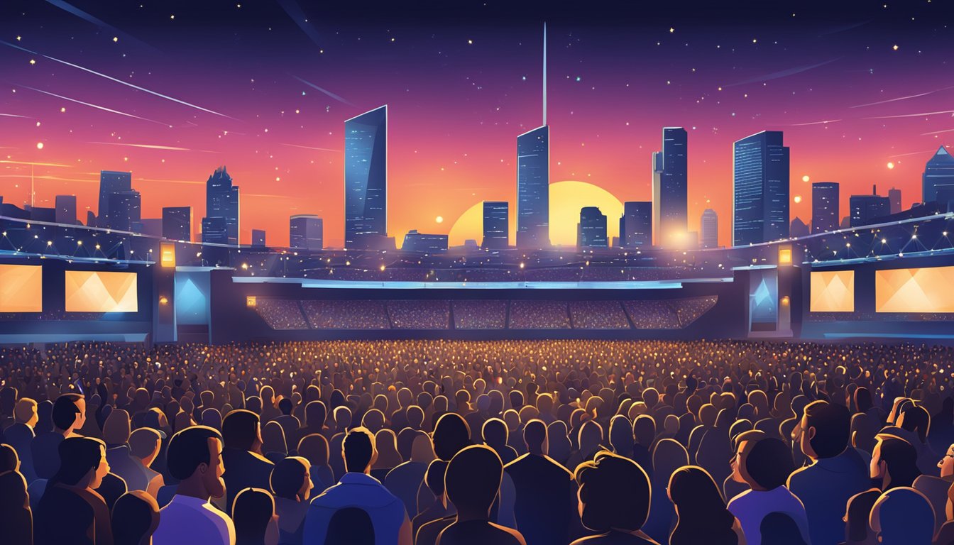 A crowded concert stadium with a stage set for a performance, surrounded by a city skyline at night