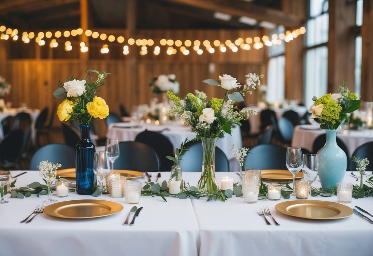 A table with various DIY wedding centerpieces in progress, including vases, flowers, and decorative elements