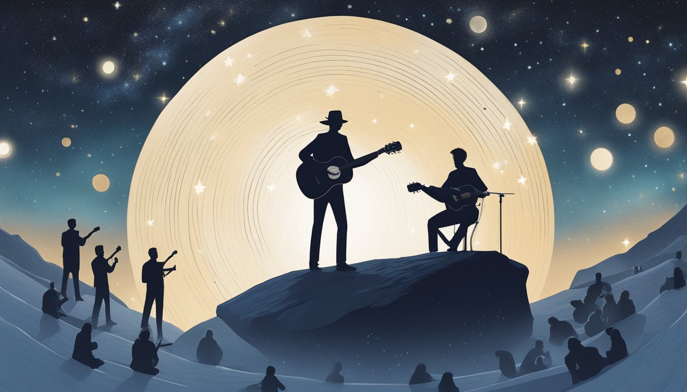 A lone figure strums a guitar under a starry sky, surrounded by a circle of attentive listeners