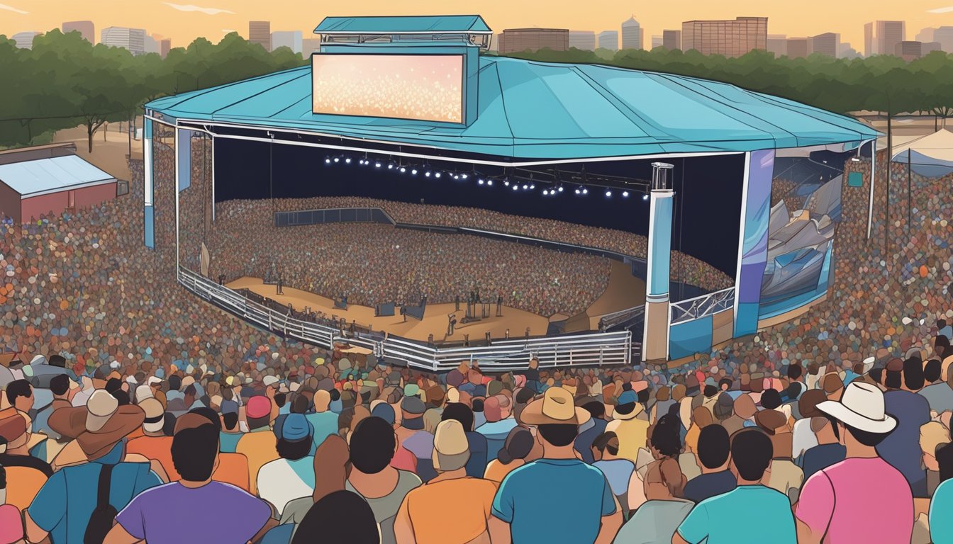 A crowded outdoor concert venue in Jacksonville, FL with a stage, lights, and a large crowd of George Strait fans enjoying the music