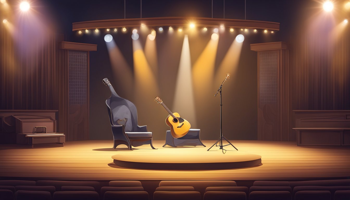 A cowboy hat and guitar sit on an empty stage under a single spotlight