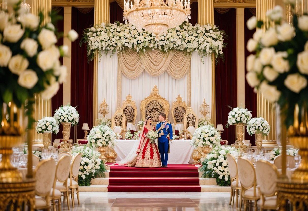 A grand royal wedding ceremony with opulent decorations and a lavish reception