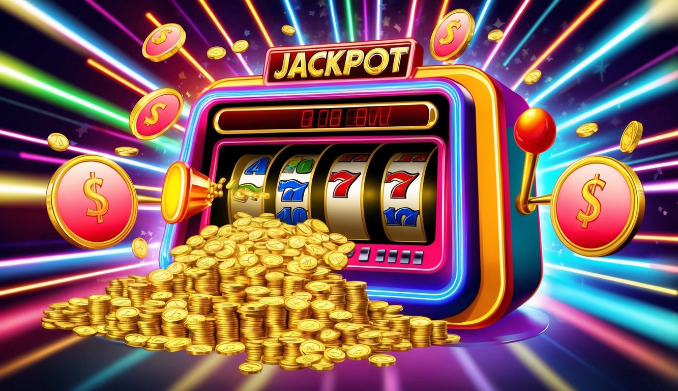 Sebuah mesin slot yang cerah dan hidup dikelilingi oleh lampu berkedip dan koin yang melimpah dari jackpot