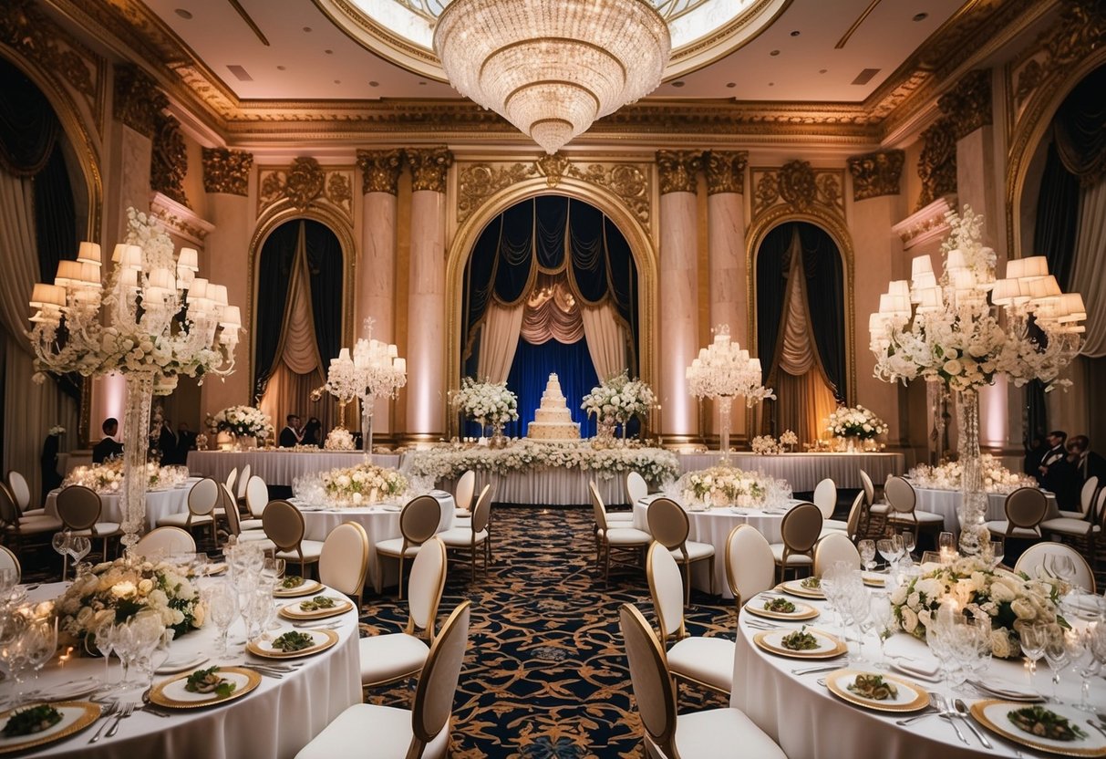 A grand royal wedding reception with opulent decorations and a lavish banquet