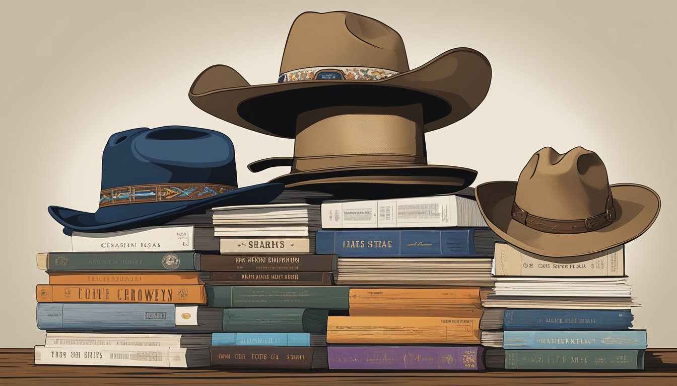 A collection of George Strait's albums arranged in chronological order, with his iconic cowboy hat placed on top