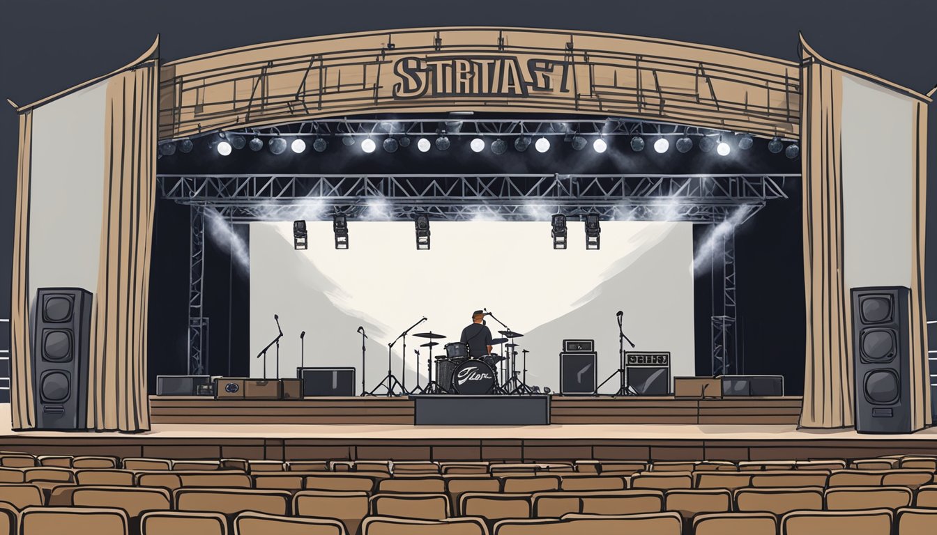 A stage being set up with instruments and microphones for the George Strait event in Jacksonville, FL