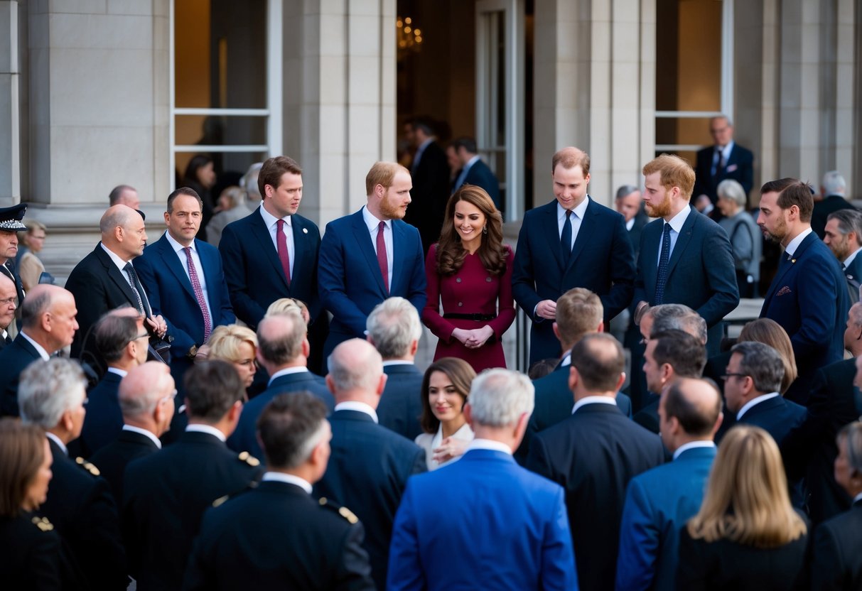 A crowd gathers outside a grand building with security personnel, while a group of people engage in conversation about funding for Kate Middleton's wedding