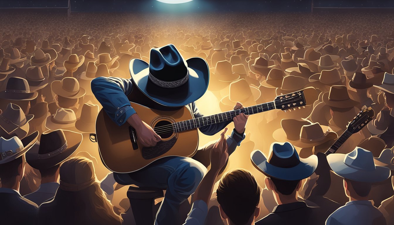 A cowboy hat resting on a guitar, surrounded by a spotlight and a crowd of adoring fans