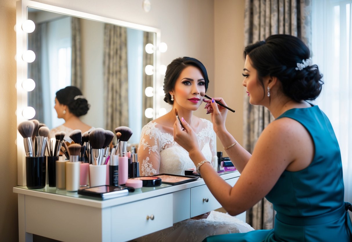 A bride sits at a vanity table surrounded by makeup products and brushes, while a makeup artist carefully applies makeup to her face for the wedding