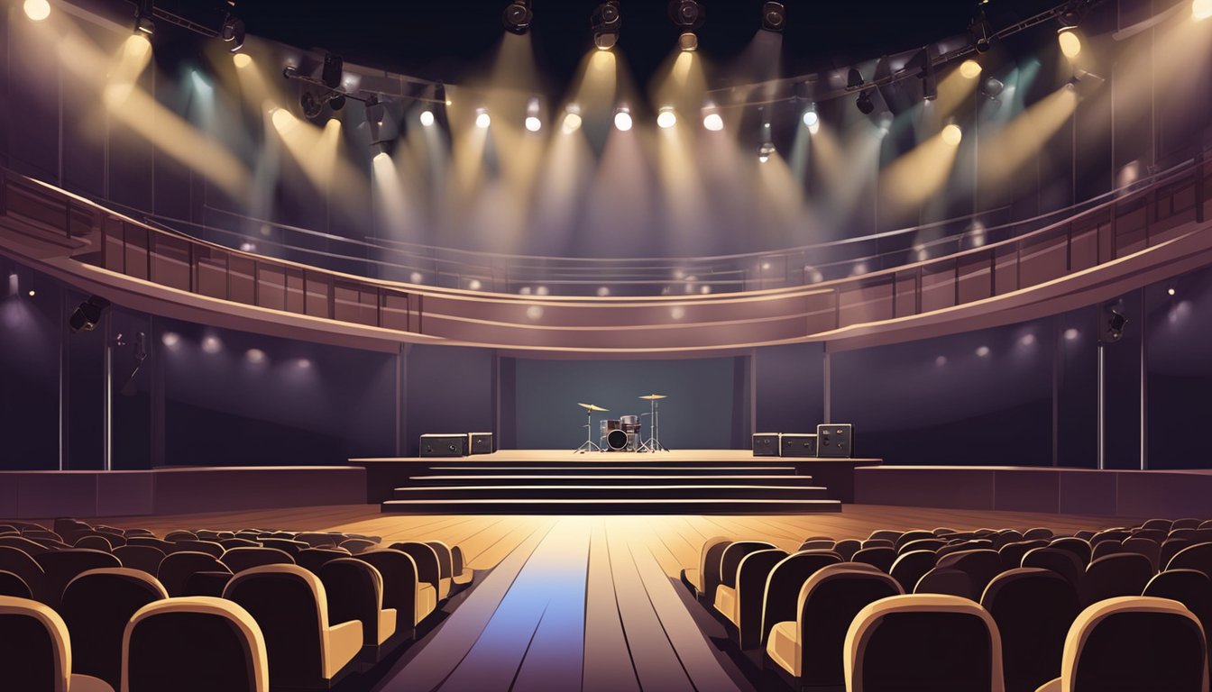 A spotlight shines on a stage with a microphone and guitar. Empty seats fill the dimly lit concert hall