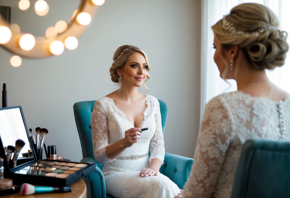 A bride sits in a cozy chair, surrounded by makeup palettes and brushes. She gazes into a mirror, envisioning her perfect wedding day look