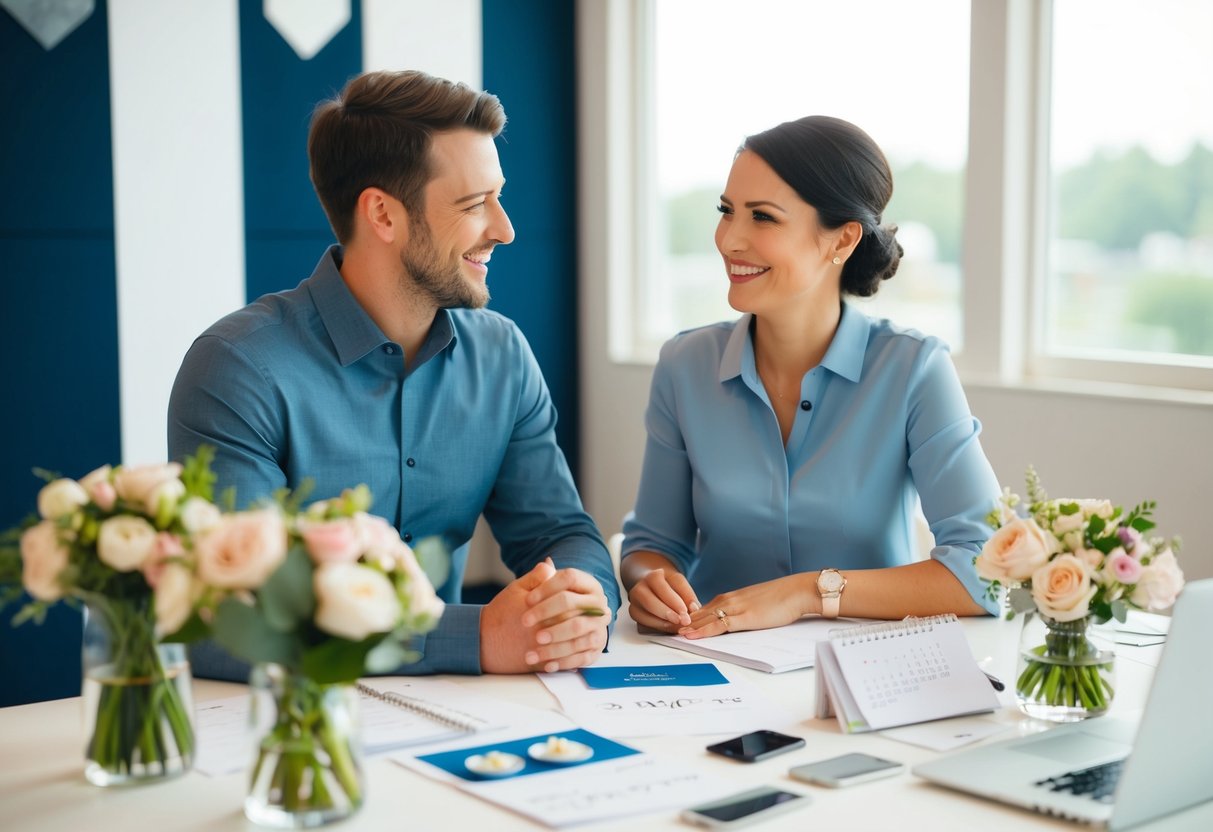 A couple sitting at a table, surrounded by wedding planning materials like invitations, flowers, and a calendar. They are smiling and discussing their upcoming special day