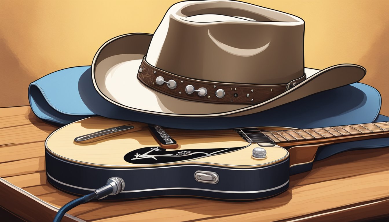 A cowboy hat resting on a guitar next to a microphone on a stage