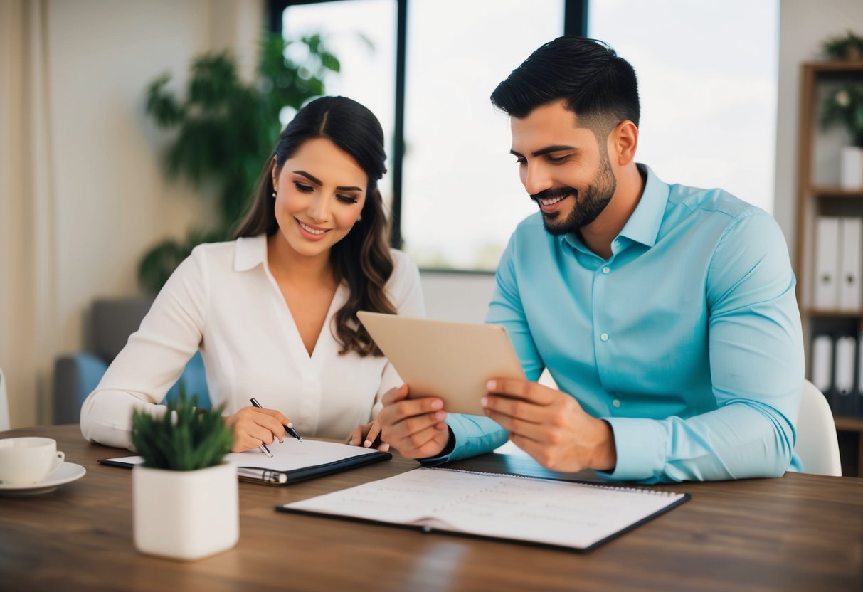 A couple sitting at a table with a calendar, discussing wedding plans and looking at a checklist of tasks to complete
