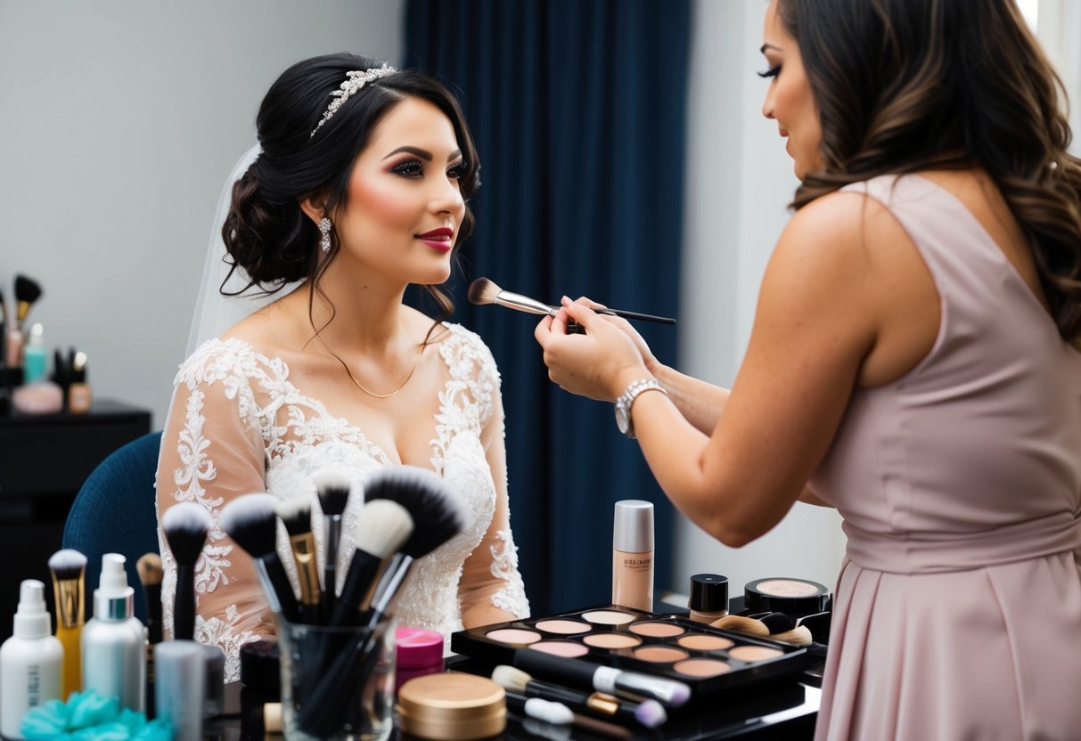 A bride sitting in a chair, surrounded by various makeup products and brushes, while a makeup artist carefully applies makeup for her wedding day