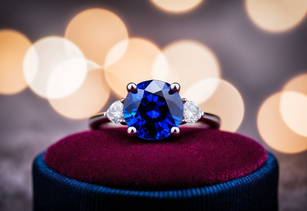 A sparkling sapphire and diamond ring on a velvet cushion