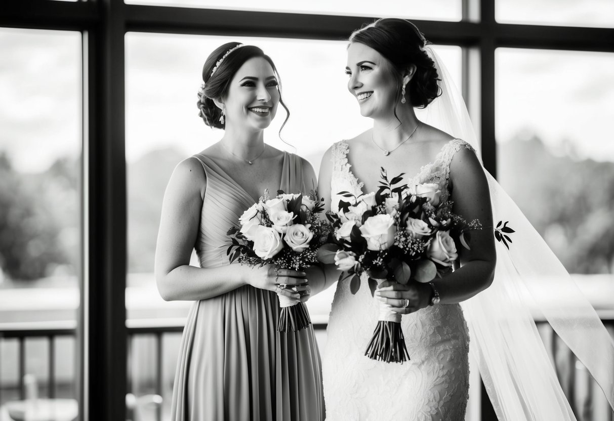 A maid of honor stands beside a bride, holding a bouquet and smiling. She is dressed in a matching gown and appears to be supporting the bride