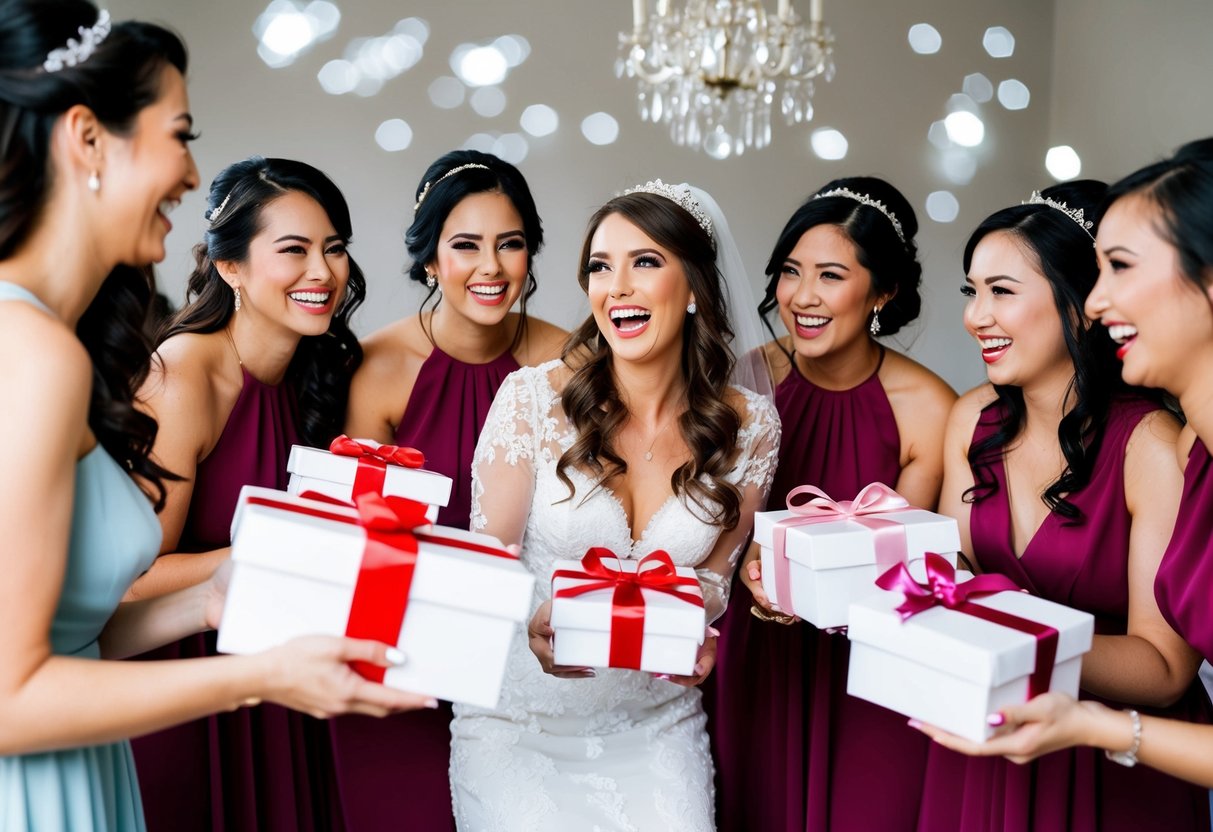A group of bridesmaids receiving gifts from a bride, with smiles and excitement on their faces