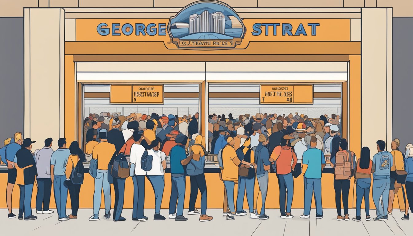 A crowded ticket booth with a long line of people waiting to purchase tickets for a George Strait concert in Las Vegas