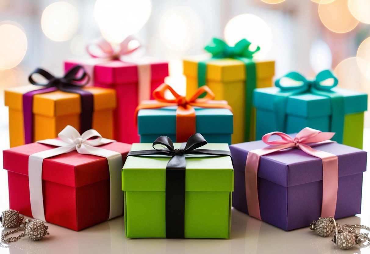 A group of colorful gift boxes arranged on a table, each containing a budget-friendly bridesmaid gift option such as jewelry, candles, or personalized trinkets