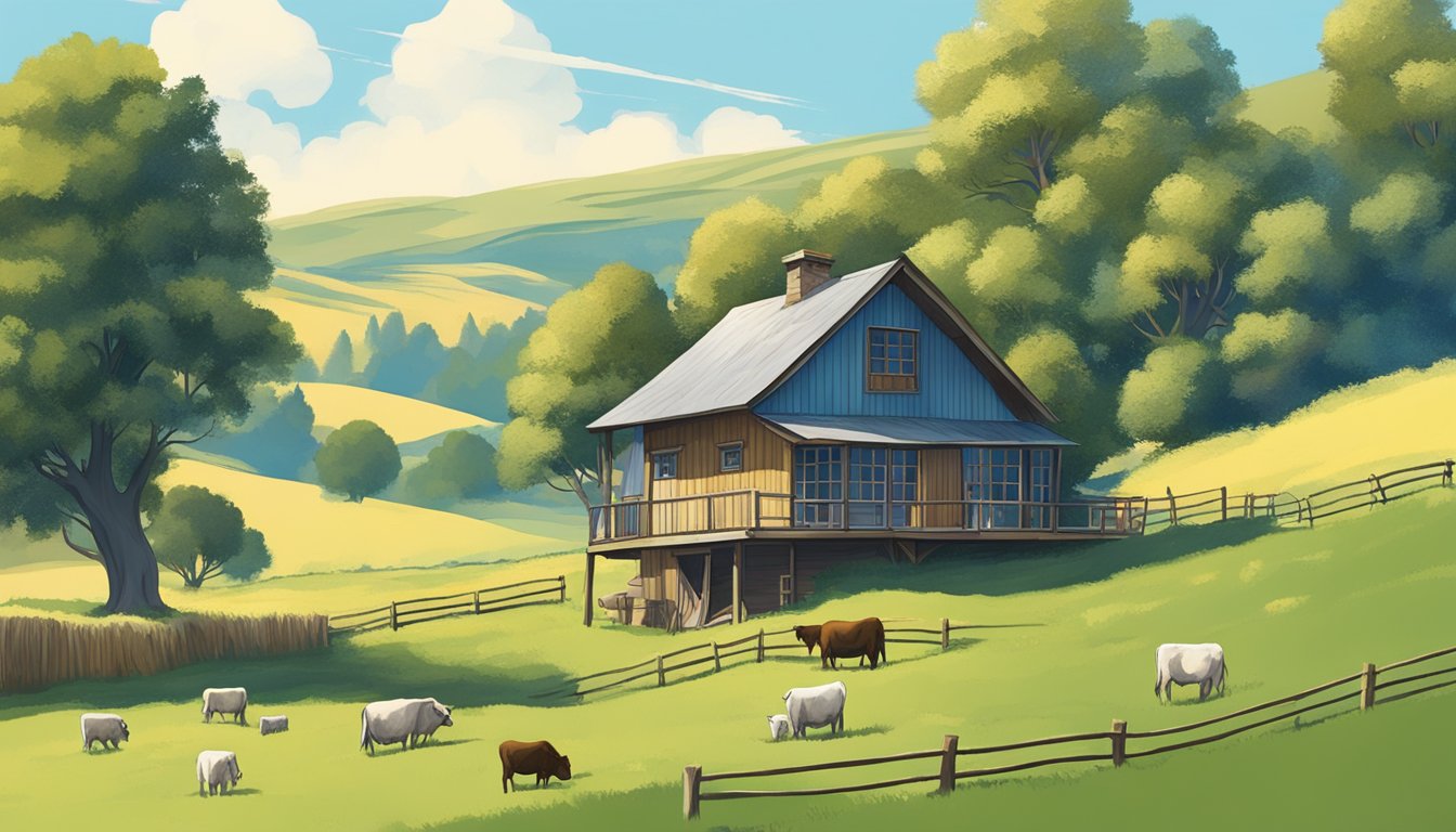 A small, rustic house surrounded by rolling hills and grazing cattle, with a clear blue sky overhead