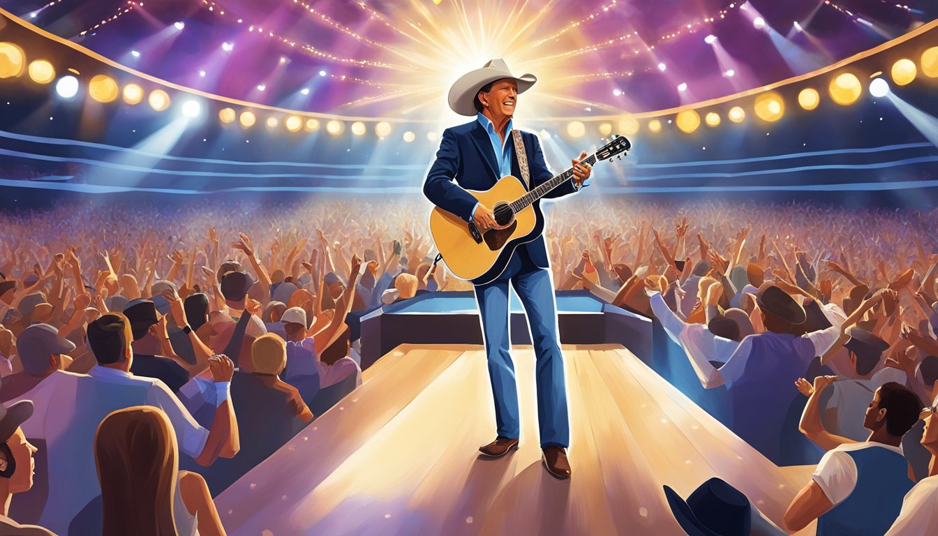 George Strait performing on stage in Las Vegas, surrounded by a cheering crowd and bright stage lights