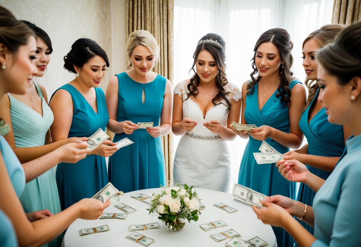 A group of bridesmaids receiving varying amounts of money in envelopes from a bride. They are gathered around a table, discussing and counting the cash