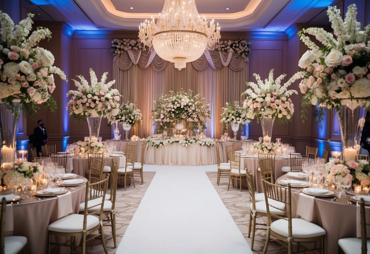 A grand wedding reception with opulent decor and lavish floral arrangements