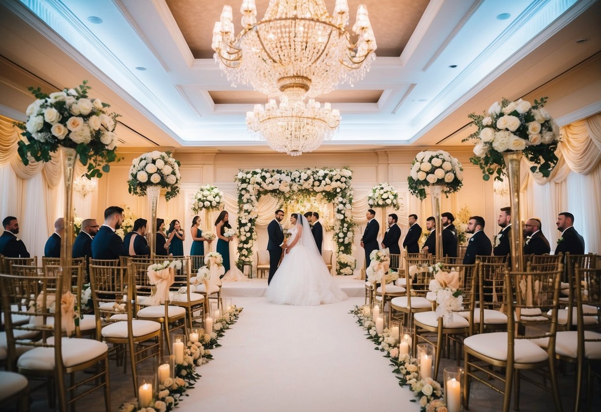 A grand wedding ceremony with lavish decorations and a beautiful venue