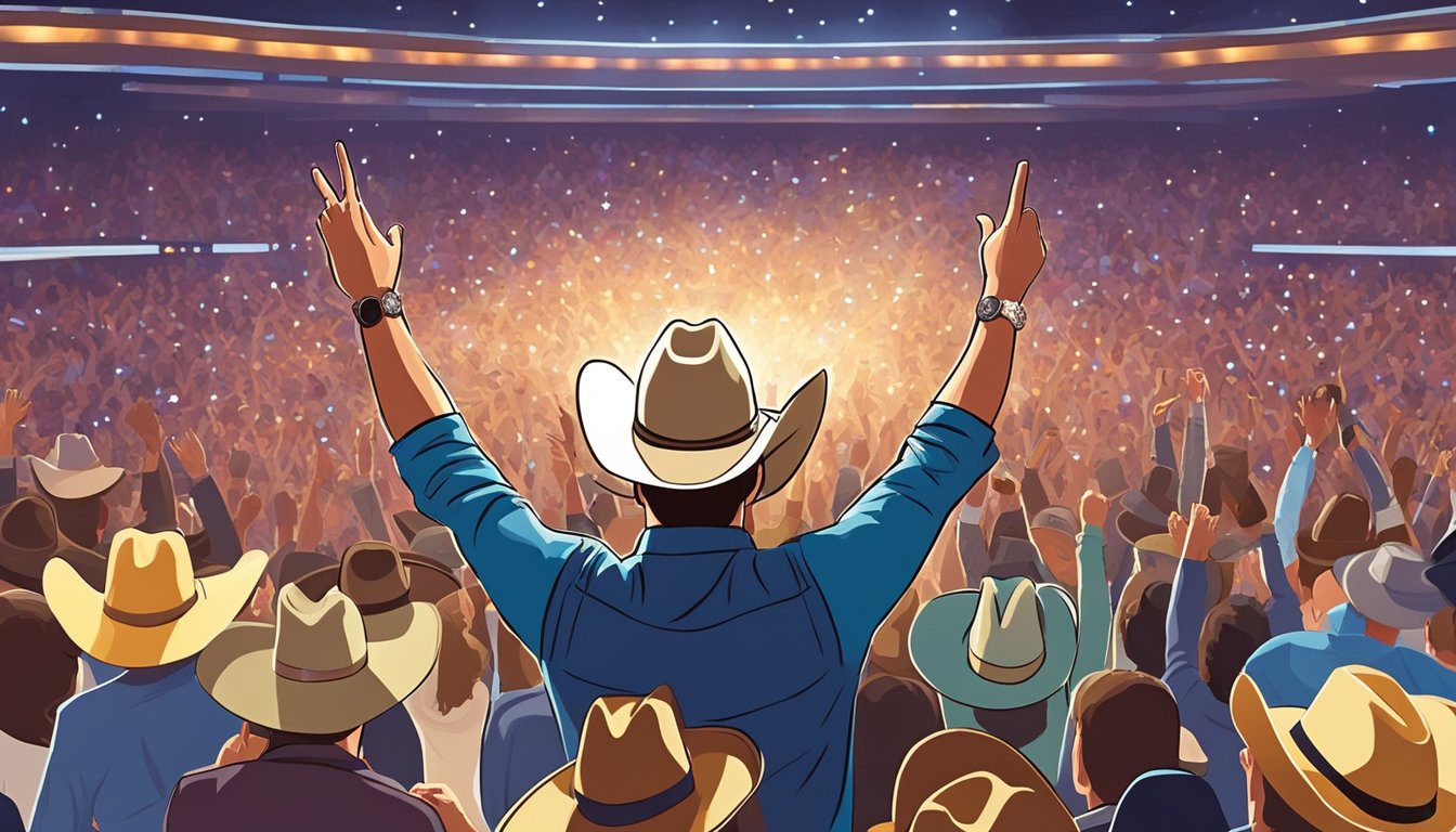 Fans cheering in a packed Las Vegas arena as George Strait performs on stage, surrounded by bright lights and a sea of cowboy hats