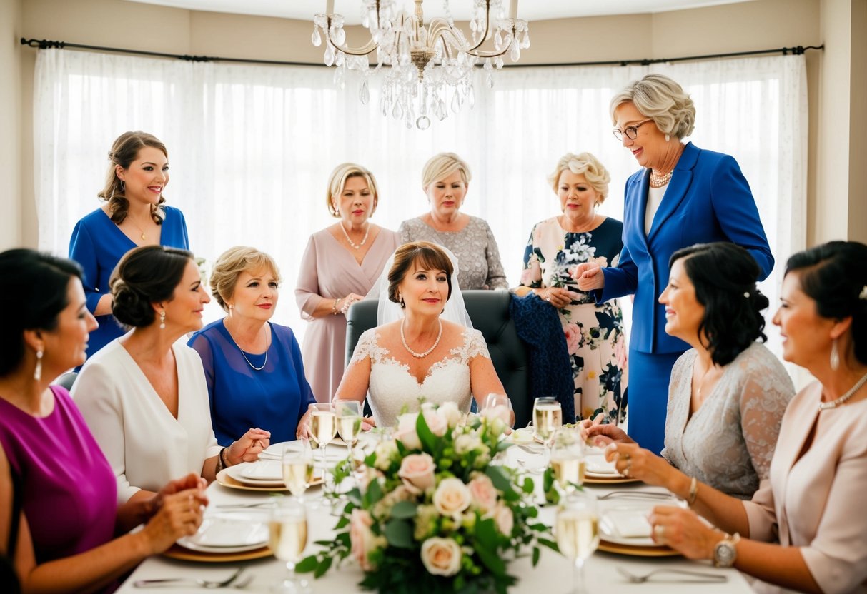 A mother of the bride sits at the head of a table, surrounded by family and friends, offering guidance and support to her daughter during the bridal shower