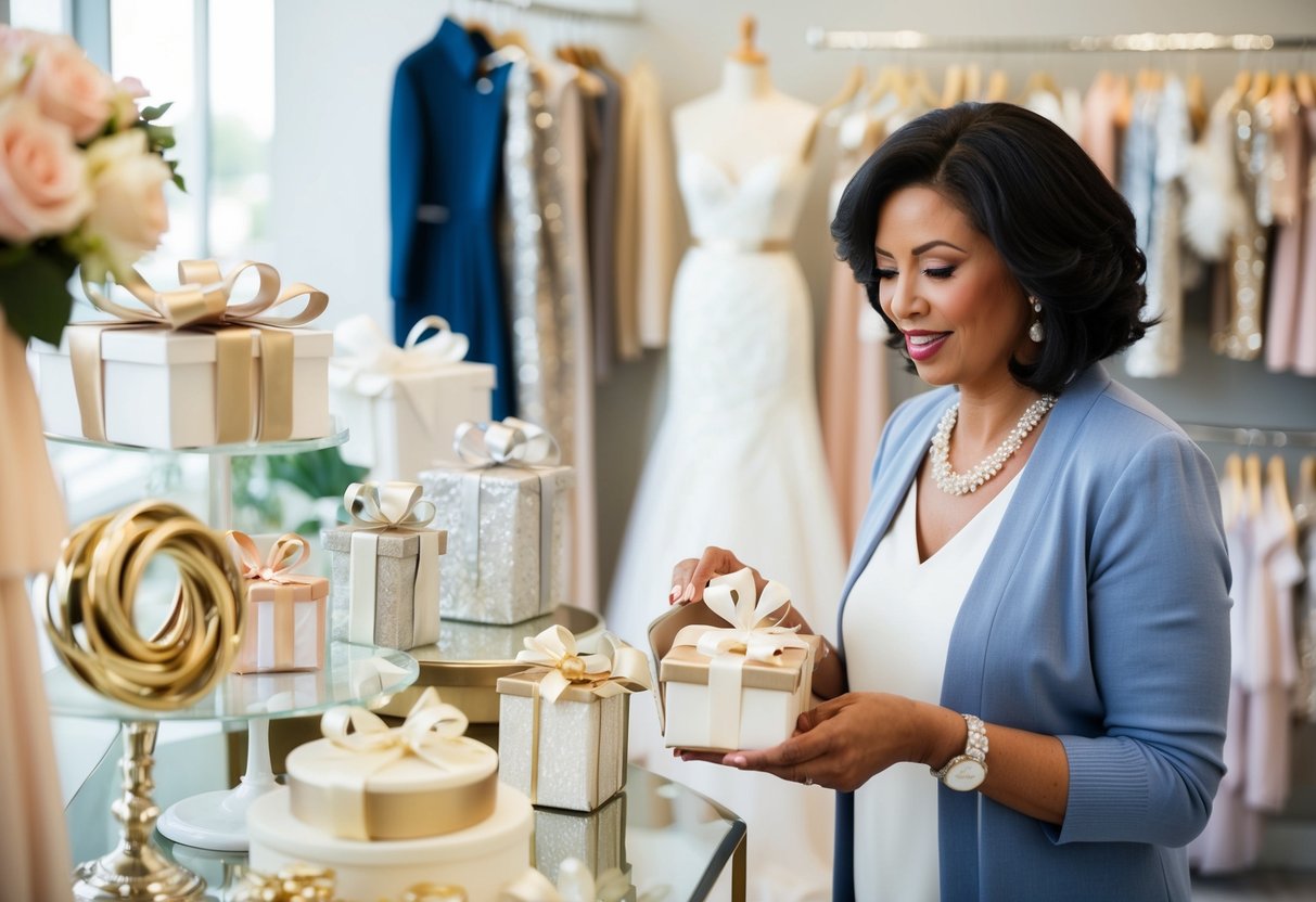 A woman browsing through a variety of elegant gifts at a bridal boutique, considering items for her son's wedding shower