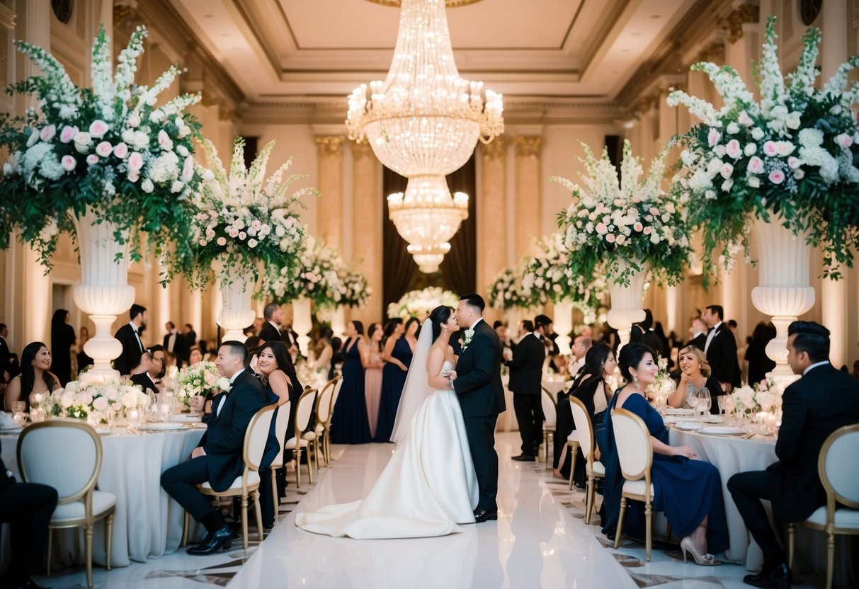 A grand reception hall filled with elegant decor and lavish floral arrangements, with guests mingling and enjoying the opulent surroundings