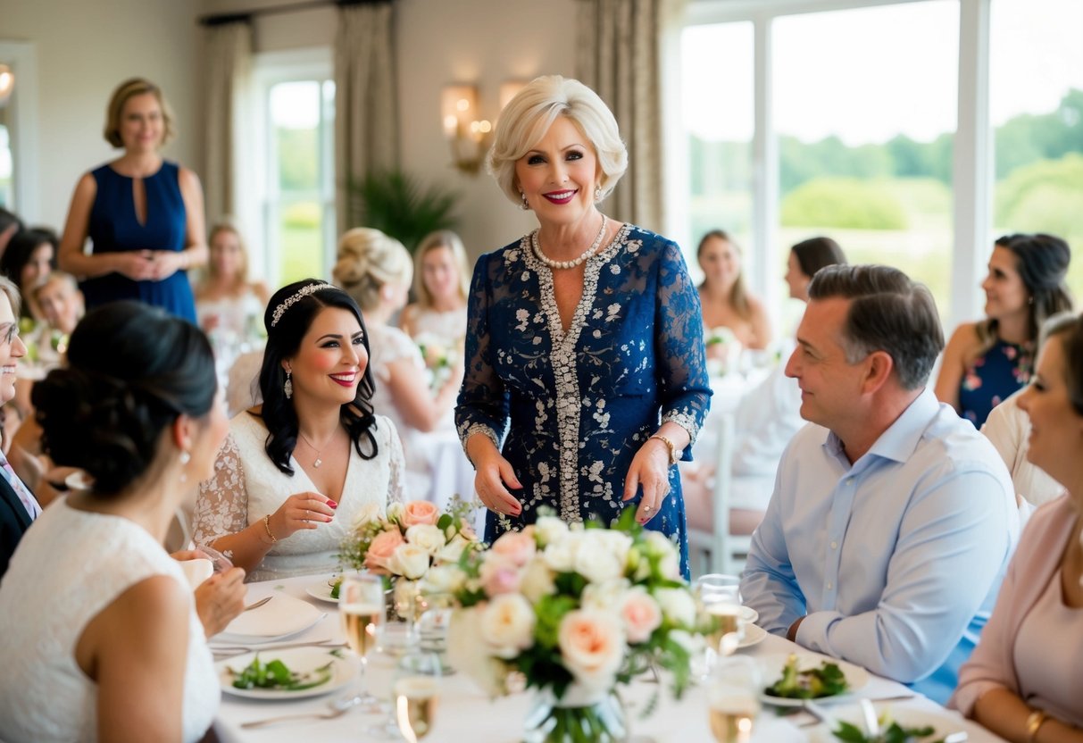 The mother of the bride oversees the guests and activities at the bridal shower, ensuring everything runs smoothly and everyone is enjoying themselves