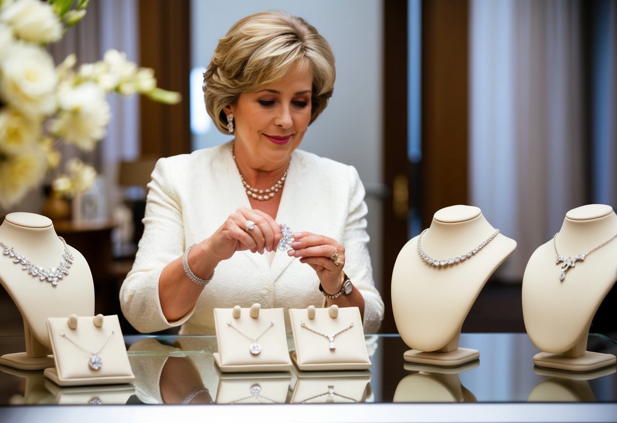 A mother of the groom carefully selects a delicate piece of jewelry from a display of elegant options, considering it as a thoughtful gift for the upcoming wedding shower