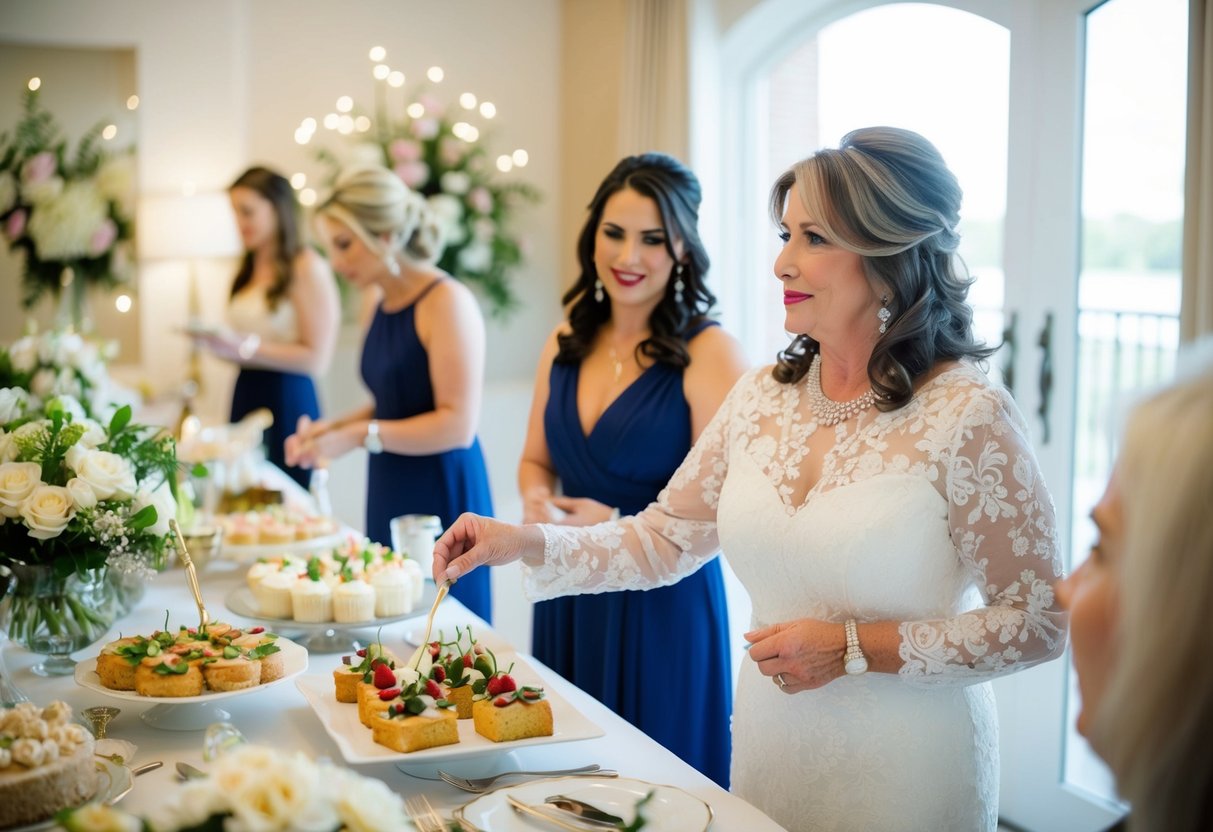 The mother of the bride oversees the decorations and food at the bridal shower, ensuring everything is elegant and tasteful