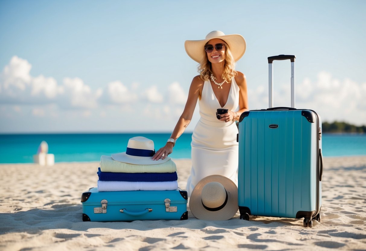 The mother of the groom selects a set of luxurious beach towels, a stylish sun hat, and a set of elegant luggage for the upcoming honeymoon
