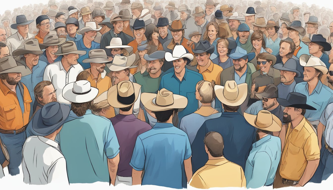 A crowd of music critics gathered around a new album by George Strait, discussing and analyzing its content and impact