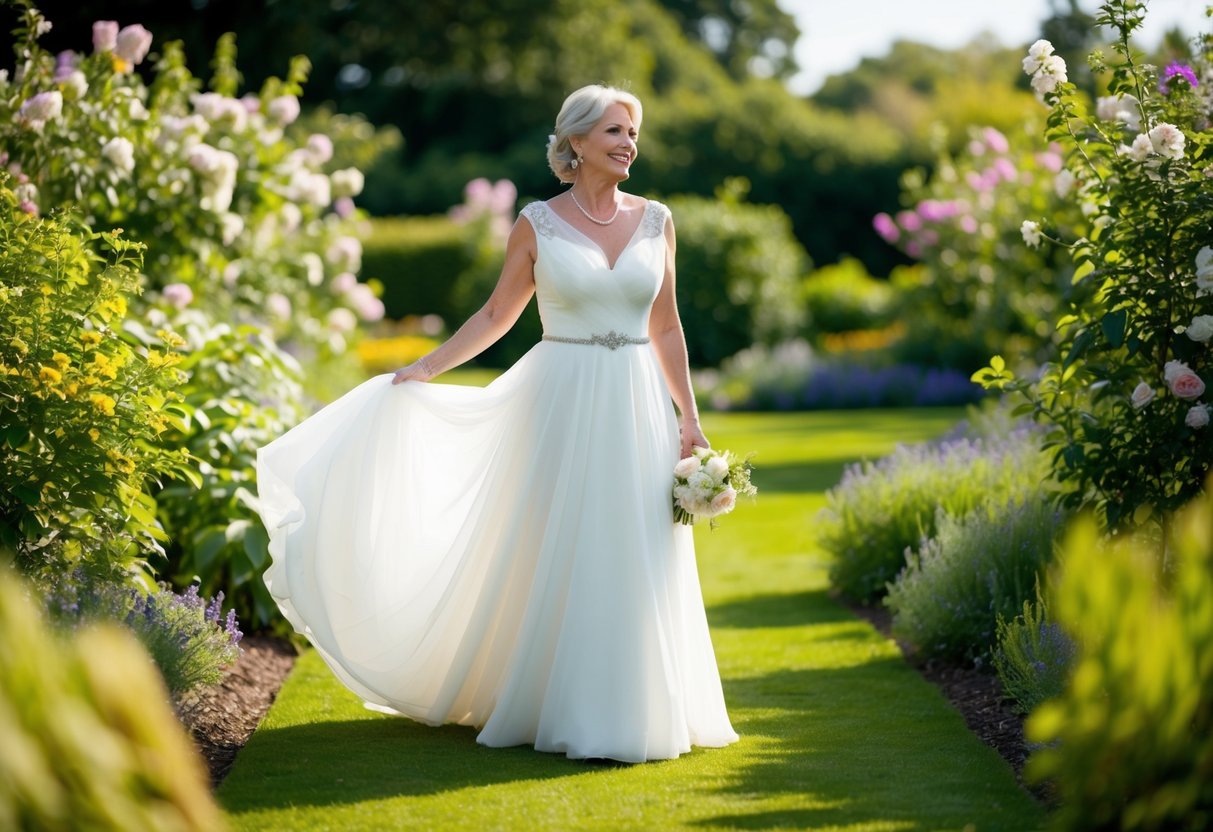 A 50-year-old woman stands in a lush garden, wearing a flowing wedding dress, surrounded by blooming flowers and soft sunlight