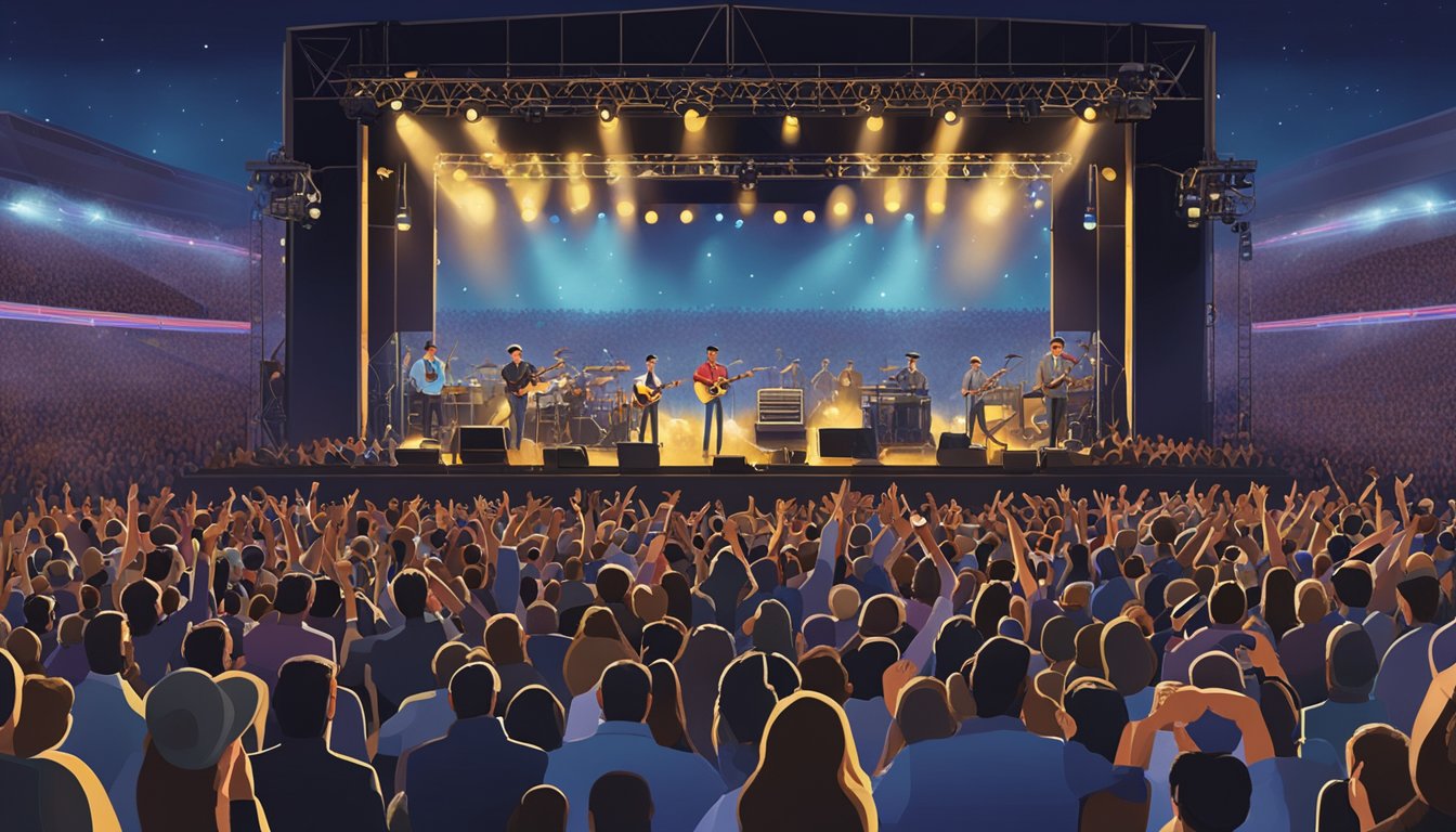 A stage with instruments, microphones, and a large crowd of fans cheering at a George Strait live performance for his new album