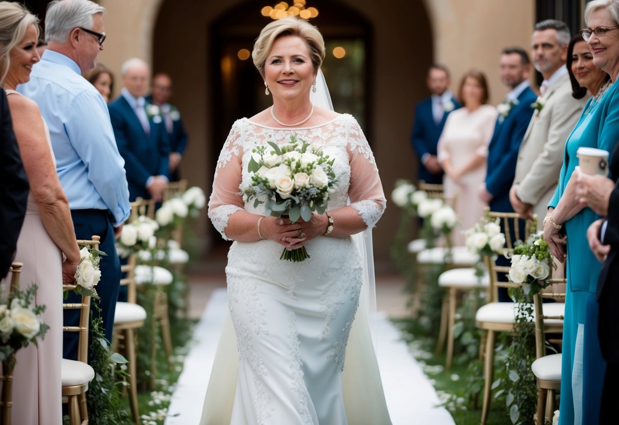 A 50-year-old woman confidently walks down the aisle in a stylish, elegant wedding dress, exuding grace and sophistication