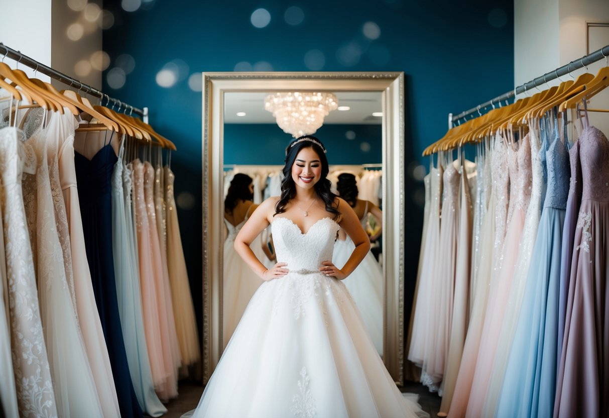 A bride trying on wedding dresses in a boutique, surrounded by racks of gowns and a large mirror