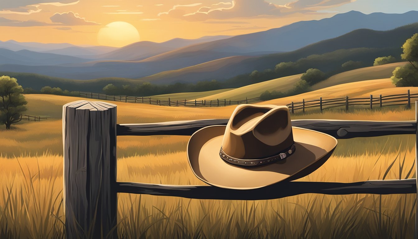 A lone cowboy hat rests on a weathered fence post, surrounded by rolling hills and a setting sun